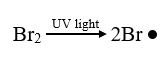 UV light causes a Bromine molecule to undergo heterolytic fission, turning into two Bromine free radicals