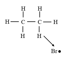 The Bromine free radical reacts with the alkane, pulling a Hydrogen atom towards it