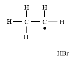 The Bromine free radical reacts with the alkane. It steals a Hydrogen atom to become HBr, and leaves the ethane molecule as an ethyl free radical