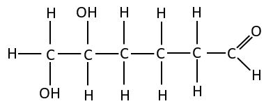 An organic molecule with two alcohol functional groups and one aldehyde functional group