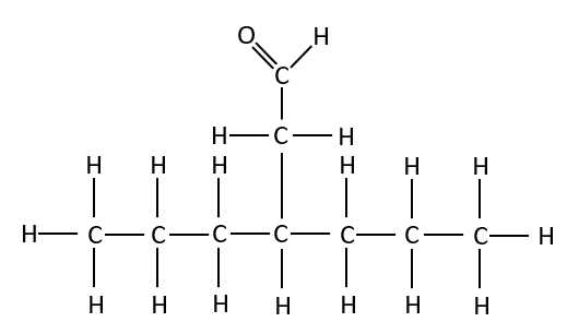 In this organic molecule, the aldehyde group is shown as a side chain