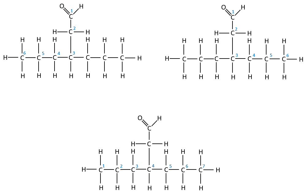 In this organic molecule, the longest Carbon chain is the one that doesn't include the aldehyde group