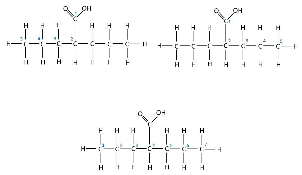 In this organic molecule, the longest Carbon chain is the one that doesn't include the carboxylic acid group